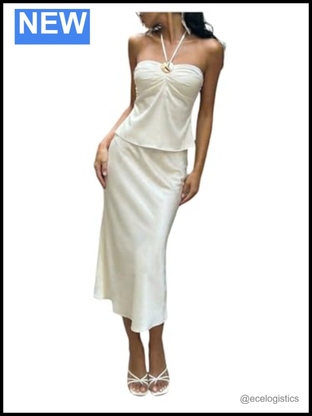 Women's 2 Piece Skirt Set Satin Halter Top Fishtail Midi